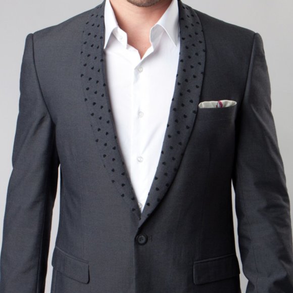 Mens Blazer Jacket w/ Polka Dot Hearts Shawl Lapel, Solid Gray